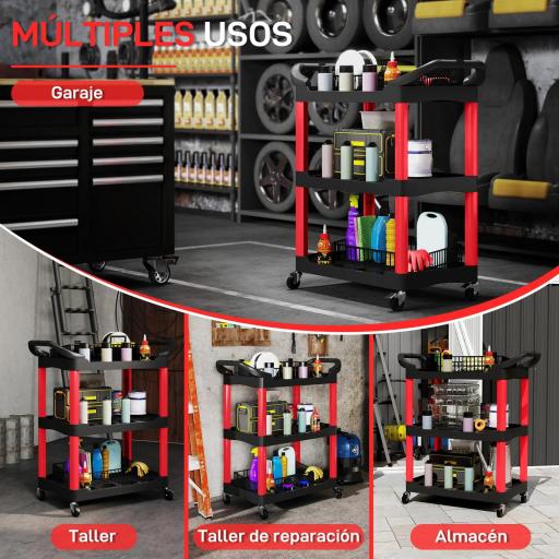 Carro de Herramientas con 3 Estantes Ruedas y Asas para Garaje Mecánico Hogar Carga 91 kg Rojo y Negro [7]