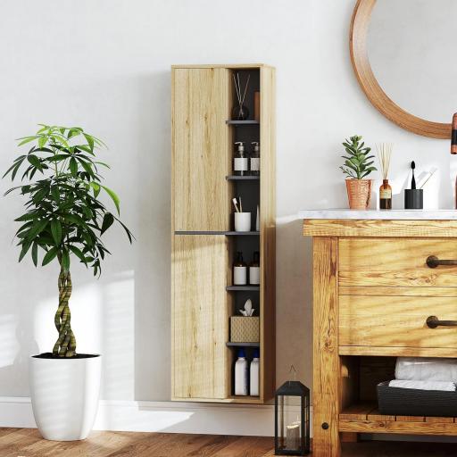 Columna de Baño de Pared Armario de Baño con Compartimentos Abiertos y 2 Puertas 40x24x141,5 cm Natural [6]