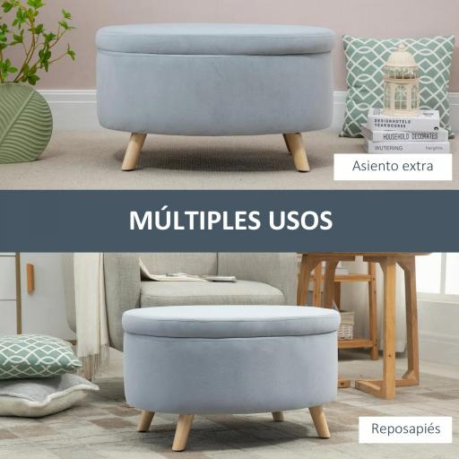 Puff Almacenaje Ovalado, Banco Almacenaje, 71x51,5x42 cm, Tapizado en Terciopelo, con Patas de Madera Maciza, Carga 120 kg, para Sala de Estar, Dormitorio, Entrada, Gris [6]