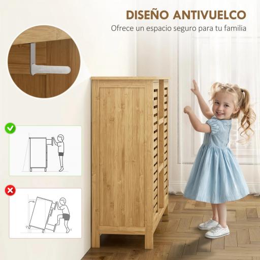 Armario de Almacenaje con 2 Puertas de Bambú de Lamas Estantes y Compartimentos Abiertos 100x33x86 cm Natural [3]