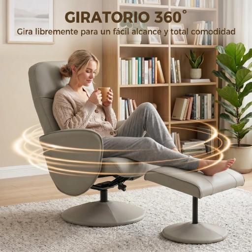 Sillón Relax Reclinable con Reposapiés Respaldo Alto Giratorio 360° Reposabrazos Beige Gris [7]