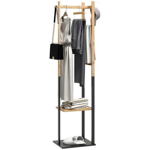 Perchero de Pie de Bambú con 2 Estantes 2 Ganchos 5 Barras con Estructura de Acero para Colgar Ropa Natural y Negro [7]