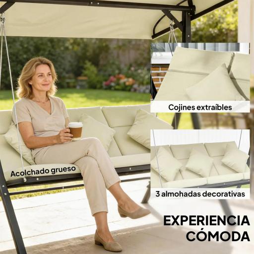 Balancín de Jardín Exterior Columpio de 3 Plazas con Toldo Ajustable y Marco de Acero 202x115x168 cm Beige [4]
