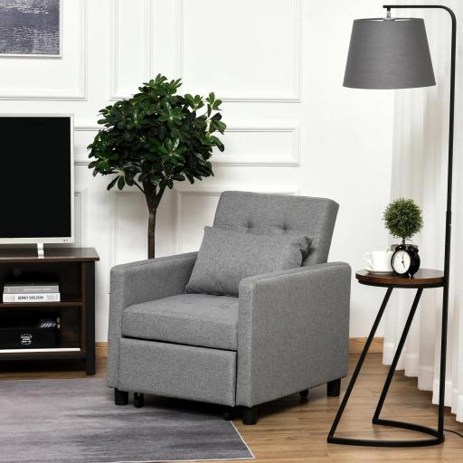 Sofá Cama de 1 Plaza Tapizado en Lino con Respaldo Ajustable de 3 Niveles y Almohada Acolchada 69x82,5x84 cm Gris