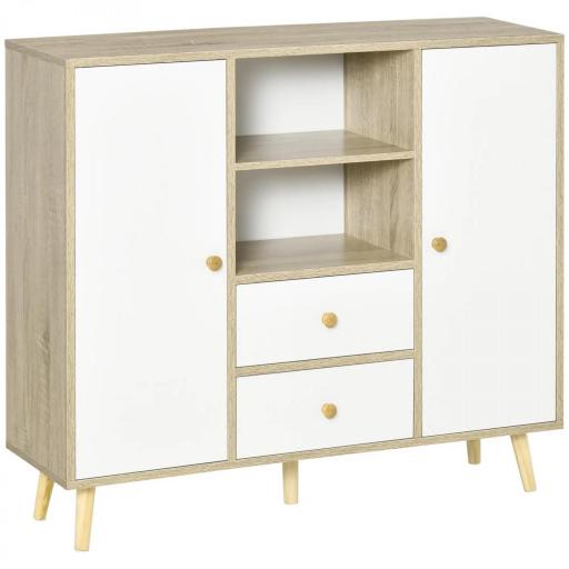 Aparador de Salón con 2 Puertas 2 Cajones y 2 Estantes Abiertos Mueble Auxiliar de Almacenaje para Cocina Recibidor 100x30x85 cm Blanco y Natural [8]