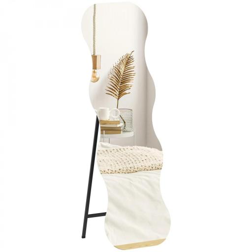 Espejo de Pie Cuerpo Entero sin Marco Espejo de Pie Forma Ondulada con Soporte y Base de Madera 50x2,7x160 cm Negro [9]