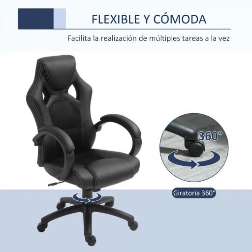 Silla de Oficina Silla Estudio con Función Basculante Altura Ajustable y Respaldo Alto Tapizado en Cuero PU y Malla Transpirable 71x61x108-118 cm Negro [3]