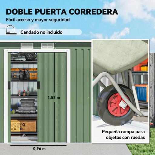 Caseta de Exterior 280x130x172 cm Cobertizo de Jardín con Puertas Correderas Base y Ventilaciones Verde Claro [6]