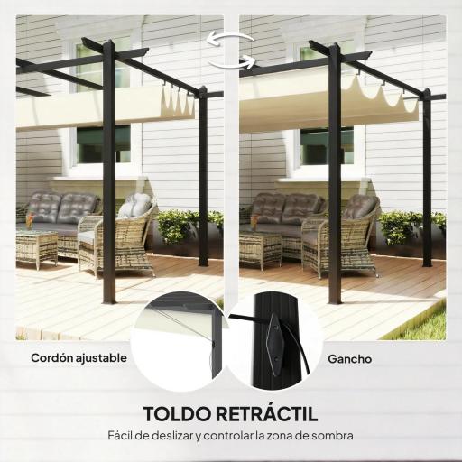 Pérgola de Jardín 4x3 m con Techo Retráctil Estructura de Aluminio UPF30+ Orificios de Drenaje Pabellón Exterior Crema [2]
