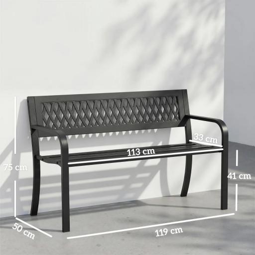 Banco de Jardín Exterior de 2 Plazas con Asiento Listonado Reposabrazos y Marco de Acero 119x50x75 cm Negro [1]