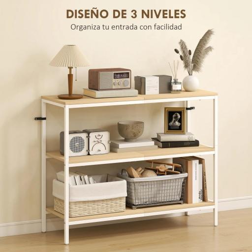 Consola de Recibidor con 3 Estantes Abiertos y Patas de Metal para Pasillo Entrada Salón Dormitorio Natural y Blanco [3]