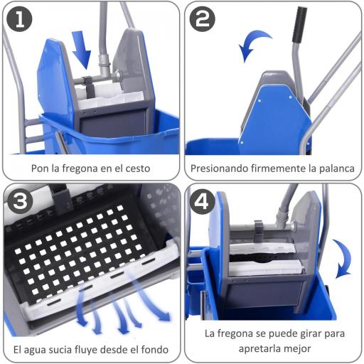 Carro de Limpieza Profesional con Cubo de Fregado Extraíble de 25 Litros y Escurridor de Prensa 72x49,5x95 cm Azul [4]