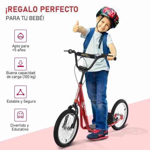 Patinete para Niños +5 Años, Patinete Infantil de 2 Ruedas, con Manillar Ajustable en Altura, 2 Neumáticos de Caucho Inflable, Doble Freno, Carga 100 kg, 139x58x90-96 cm, Rojo [2]