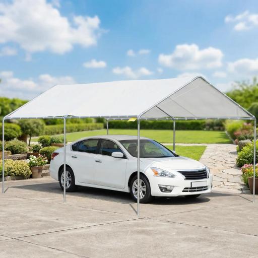 Carpa Garaje para Coche 3x6 m Cochera Portátil Impermeable con Toldo de Tela PE y Marco de Acero Galvanizado Blanco [6]