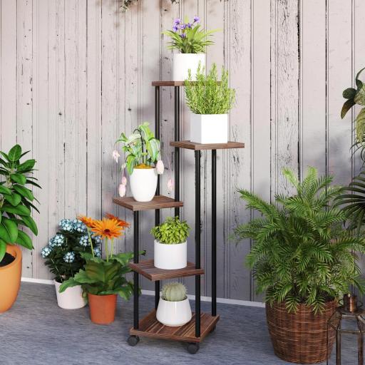 Soporte para Plantas de Madera y Acero de 3 Niveles con 5 Estantes Cuadradas y 4 Ruedas 59x59x110 cm Carbonizado [6]