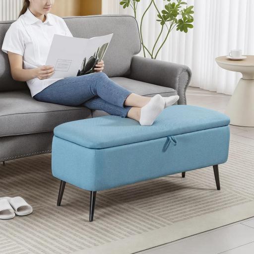 Banco de Almacenaje con Tapa Abatible y Patas de Acero para Dormitorio Salón Entrada 101x38,5x44,5 cm Azul Claro