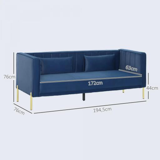 Sofá de 3 Plazas con Tapizado Aterciopelado Estructura Reforzada y Patas Doradas para Salón 194,5x76x76 cm Azul Marino [1]