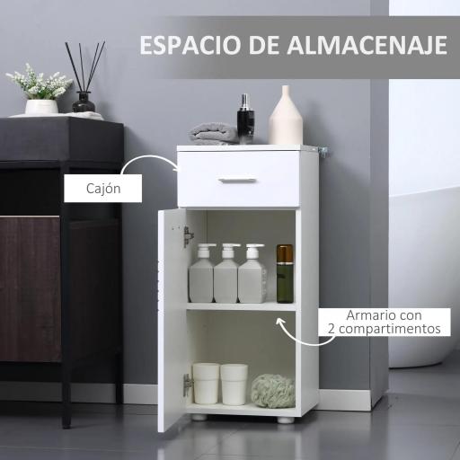 Armario Auxiliar de Baño Mueble de Baño de Suelo con Puerta Cajón y Estante Ajustable para Salón 35x30x77,5 cm Blanco [5]