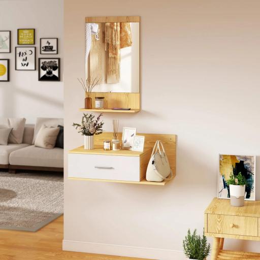 Conjunto de Recibidor de Entrada de Pared con Espejo y Almacenaje Espejo con Cajón y 2 Estantes Abiertos Madera Natural [6]