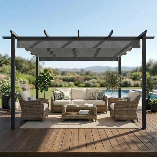 Pérgola de Jardín 4x3 m con Techo Retráctil Estructura de Aluminio UPF30+ Orificios de Drenaje Pabellón Exterior Gris [4]