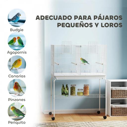 Jaula para Pájaros con Divisor Comederos Bandeja Extraíble y Soporte para Canarios y Periquitos 94x57x57/128 cm Blanco [3]