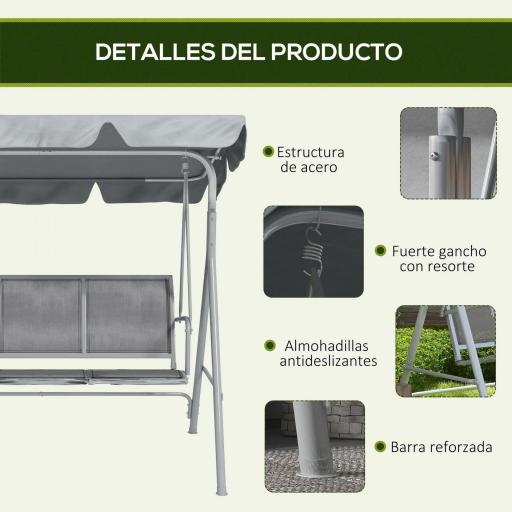 Balancín Jardín Exterior de 3 Plazas con Toldo Ajustable Respaldo Transpirable y Marco de Metal 171x108x154 cm Gris [3]