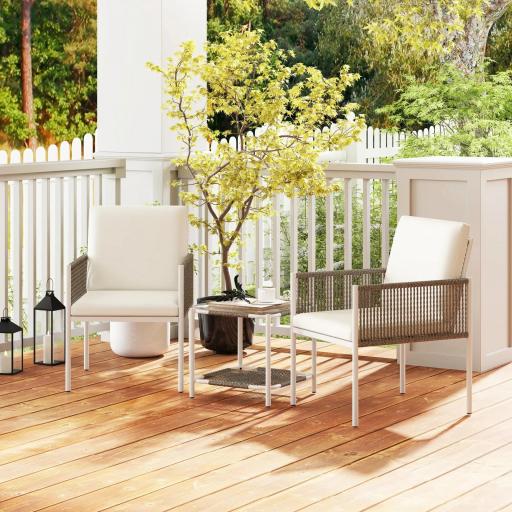 Juego de 2 Sillas y Mesa de Ratán con Cojines Acolchados y Encimera de Vidrio para Balcón Terraza Marrón y Crema [5]