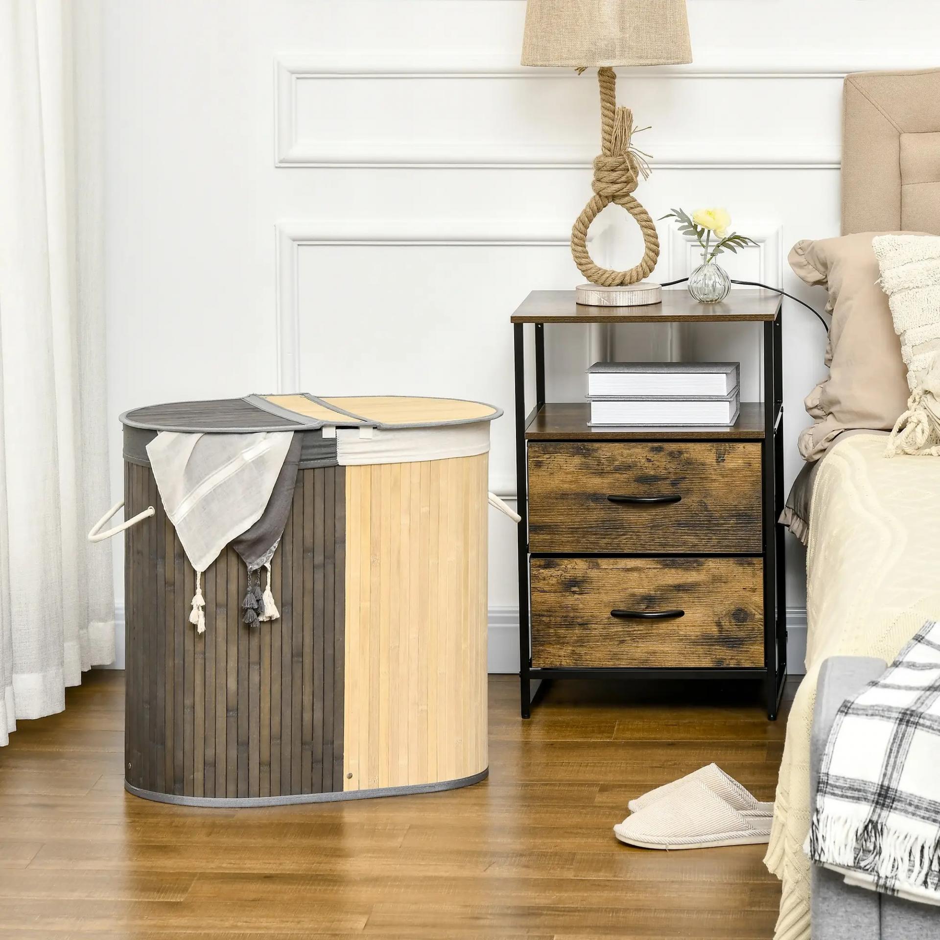 Cesto para Ropa Sucia de Bambú Capacidad de 100L Cesta para la Colada con 2 Compartimentos 62,5x37x60,5 cm Gris