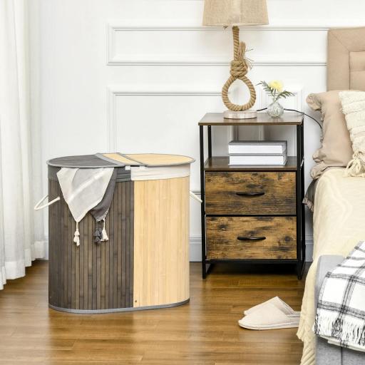 Cesto para Ropa Sucia de Bambú Capacidad de 100L Cesta para la Colada con 2 Compartimentos 62,5x37x60,5 cm Gris