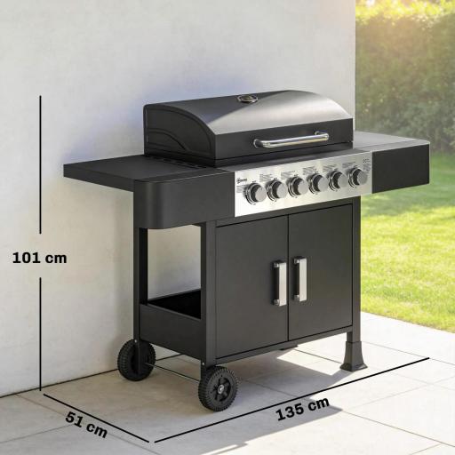 Barbacoa de Gas con 6 Quemadores Termómetro Parrilla Mesas Laterales Armario y Ruedas 135x51x101 cm Negro [1]
