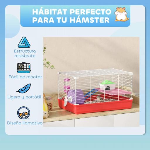 Jaula para Hámster con Plataforma con Caseta Comedero Bebedero y Rueda de Ejercicio 47x30x27 cm Blanco y Rojo [4]