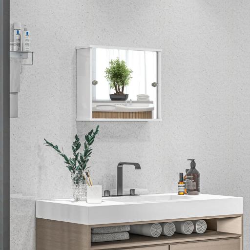 Armario con Espejo de Pared con Estante Ajustable y Puerta Corredera Doble para Lavabo 55x15x45 cm Blanco Brillante
