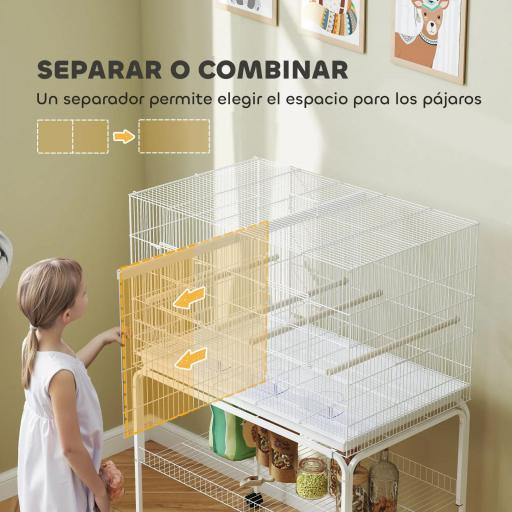 Jaula para Pájaros con Divisor Comederos Bandeja Extraíble y Soporte para Canarios y Periquitos 94x57x57/128 cm Blanco [2]