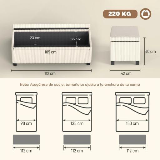Banco Almacenaje Capacidad de 84 L 112x42x40cm Tapizado en Pana Pie de Cama para Sala de Estar Dormitorio Beige [6]