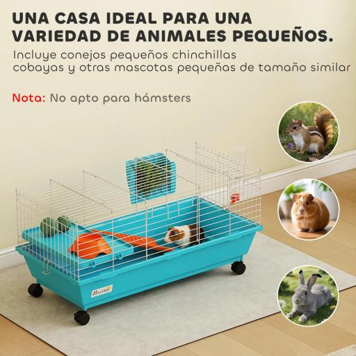 Jaula para Animales Pequeños con Ruedas Botella Comedero Dispensador de Heno para Conejos y Cobayas 89x44x43 cm Azul [4]