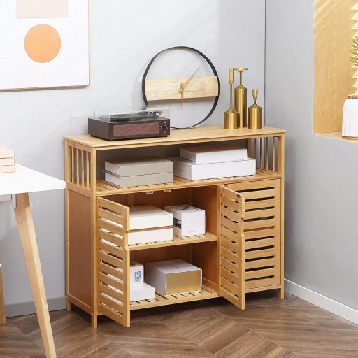 Aparador para Salón de Bambú con 3 Puertas Ranuradas Estantes para Comedor Cocina Entrada Natural 100x35x82 cm [8]