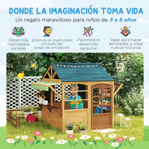 Casita de Juegos Infantil de Madera con Ventanas Pizarras Tejado y Toldo 173x117x144 cm Madera Natural [5]