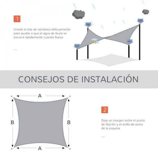 Toldo Vela Rectangular 4x3 m Protección Rayos UV con Bolsa de Transporte Anillas de Acero Inoxidable y Cuerdas Gris [3]