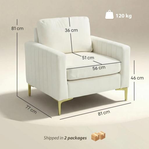 Butaca de Salón Tapizada en Terciopelo Acolchado Grueso Asiento Ancho Reposabrazos Almohadilla 81x77x81 cm Crema [1]