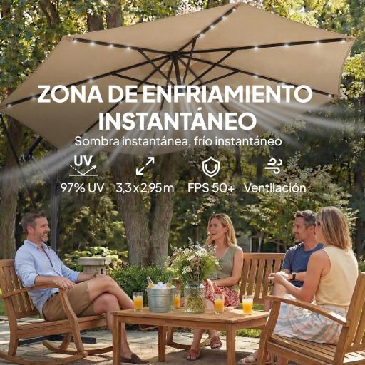 Parasol Excéntrico con Luces LED Solares 330x295 cm Sombrilla Jardín con Base Cruzada Manivela Funda Protectora Caqui [5]