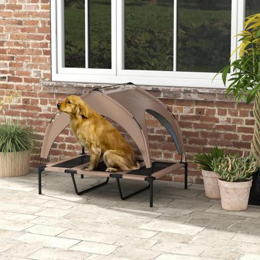 Cama para Perros Elevada con Toldo Marco de Acero y Bolsa de Transporte para Interior y Exterior 106x76x94 cm Café