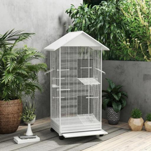  Jaula para Pájaros con Ruedas 79x65x155 cm Jaula Grande con 2 Comederos 8 Perchas y Bandeja Extraíble Blanco [6]