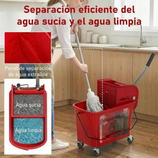 Cubo de Fregar con Escurridor Panel Separador y Ruedas Capacidad 20L para Limpieza Doméstica 45x26,5x70 cm Rojo [4]