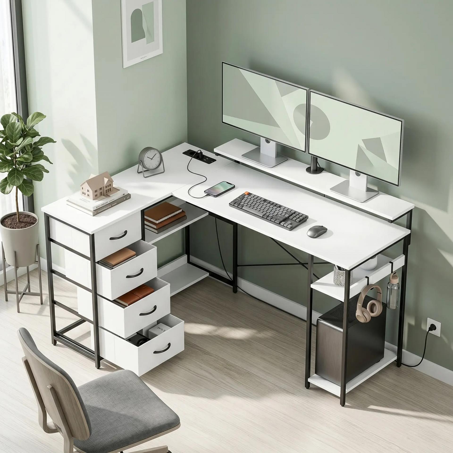 Escritorio en L Reversible con 4 Cajones de Tela 2 Enchufes y 2 Puertos USB Soporte para Monitor 155x112 cm Blanco