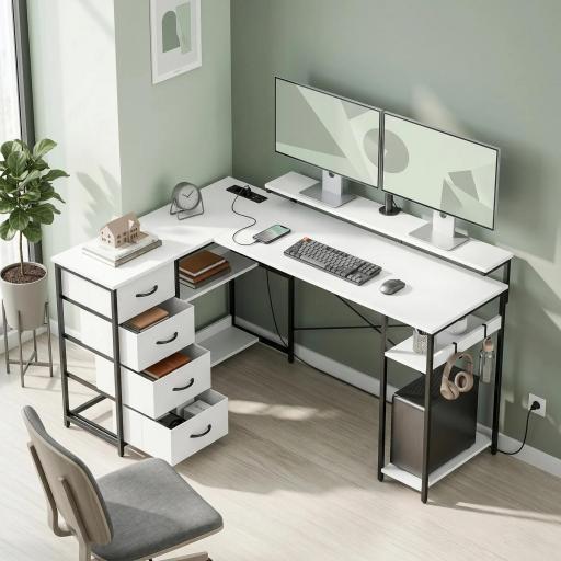 Escritorio en L Reversible con 4 Cajones de Tela 2 Enchufes y 2 Puertos USB Soporte para Monitor 155x112 cm Blanco
