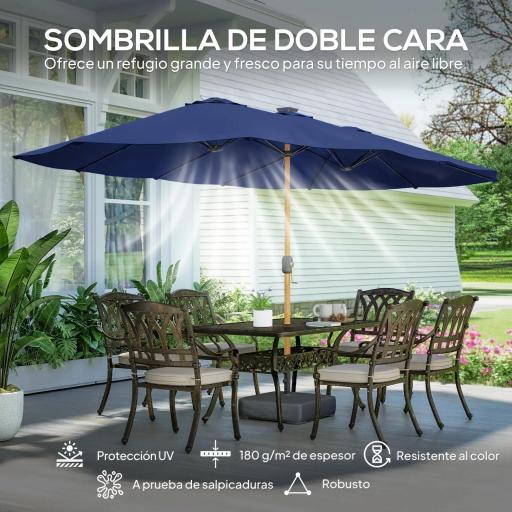 Sombrilla Doble de Jardín 4,7x2,8 m con Base Incluida Manivela Sacos de Arena Protección UV Impermeable Azul Oscuro [11]