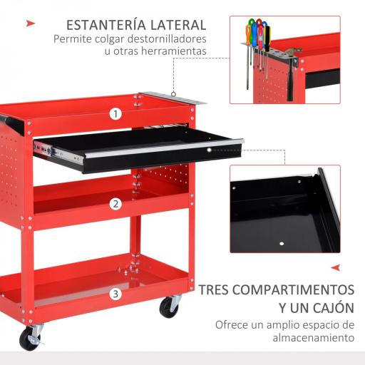 Carro de Taller Carro de Herramientas con 3 Bandejas y Cajón Ruedas con Frenos Asa Lateral Panel Lateral Perforado Rojo [5]