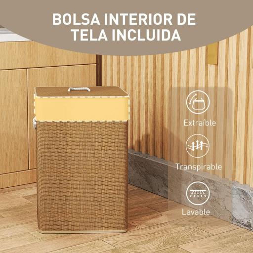 Cesto de Ropa Sucia con Tapa 72L Bolsa Interior Extraíble y Asas para Lavandería Dormitorio 40x30x60 cm Marrón [6]