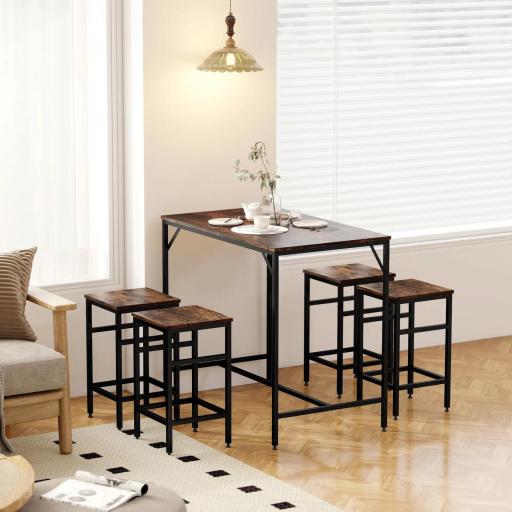 Mesa Alta de Cocina con 4 Taburetes Industrial Reposapiés Ahorro de Espacio para Espacios Reducidos Marrón Rústico [4]