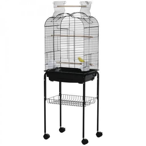 Jaula para Pájaros con Soporte Jaula de Aves Canarios con 4 Ruedas Techo Abrible 2 Comederos 3 Perchas Bandeja Extraíble y Estante Inferior 46x36x130 cm Negro [10]